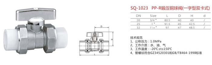 SQ-1023　PP-R鍛壓銅球閥（一字型雙卡式）